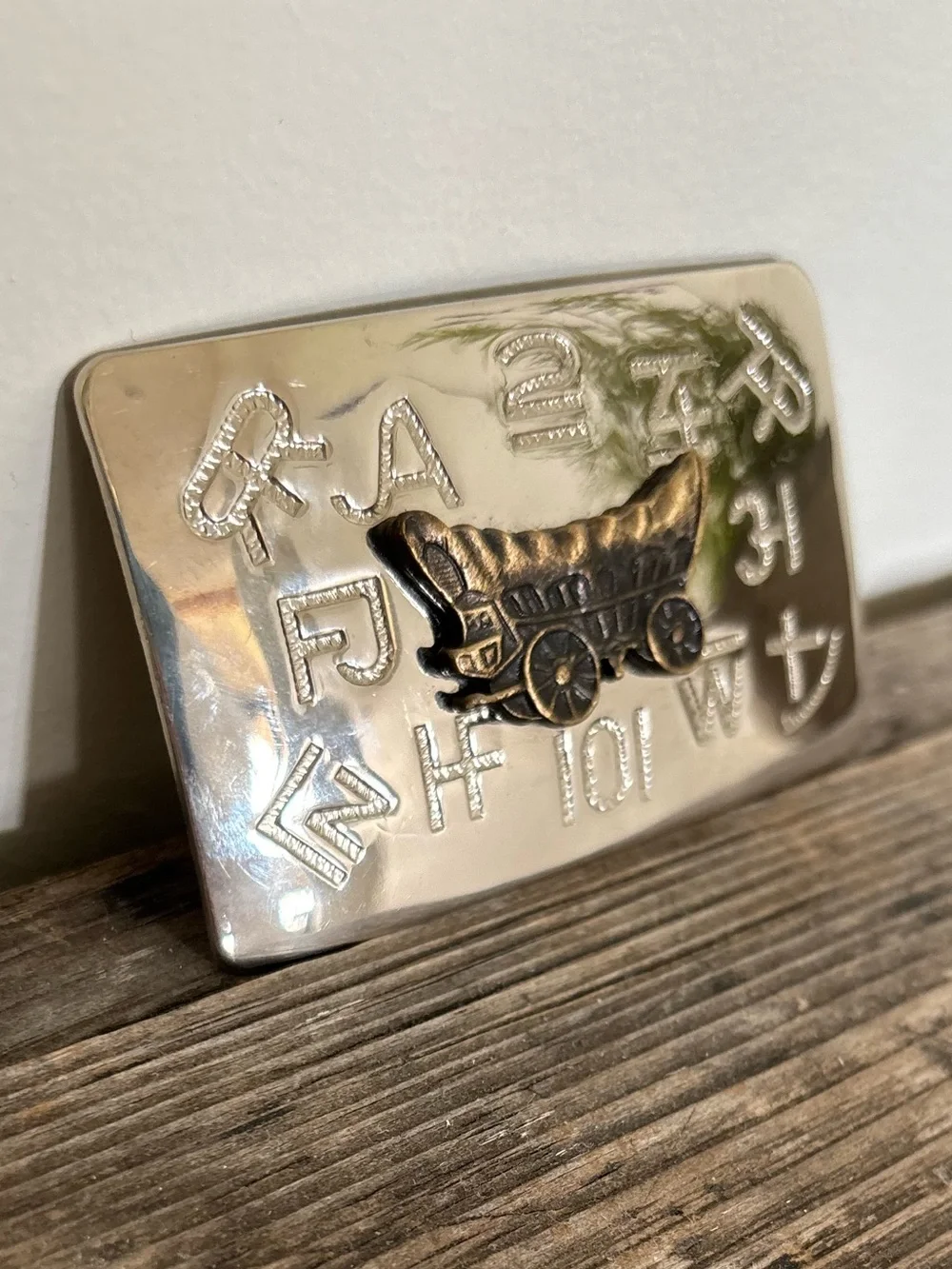 Vintage Rancher Western Polished Silver-Tone Belt Buckle, Coveted Wagon, USA
